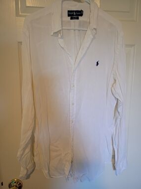 Ralph Lauren Men’s White 100% Linen Long-Sleeve Button-Down Shirt W Navy PonyXL